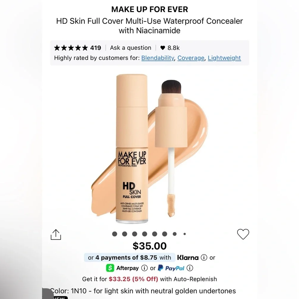 Makeup For Ever  HD Skin Full Cover 36HR Wear Multi-Use Concealer Shade 1N10